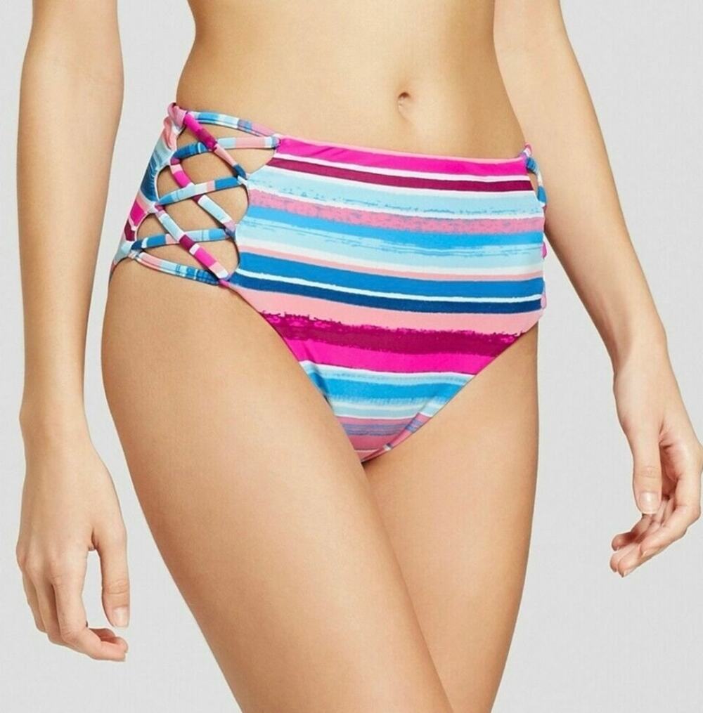 Vanilla Beach Swim High Waisted Bikini Bottoms M Blue Pink Stripe Cage Side NWT